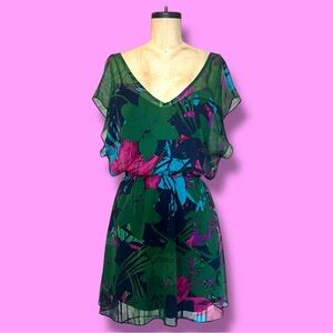 EXPRESS Y2K Semi Sheer Dress Jewel Tones Flowing Gauzy Feminine Dress Abstract